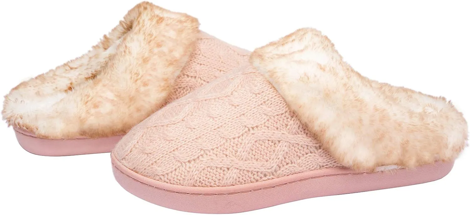 WOTTE Women's Cable Knit Slippers Faux Fur Lining Furry Collar Memory Foam Clog Shoes