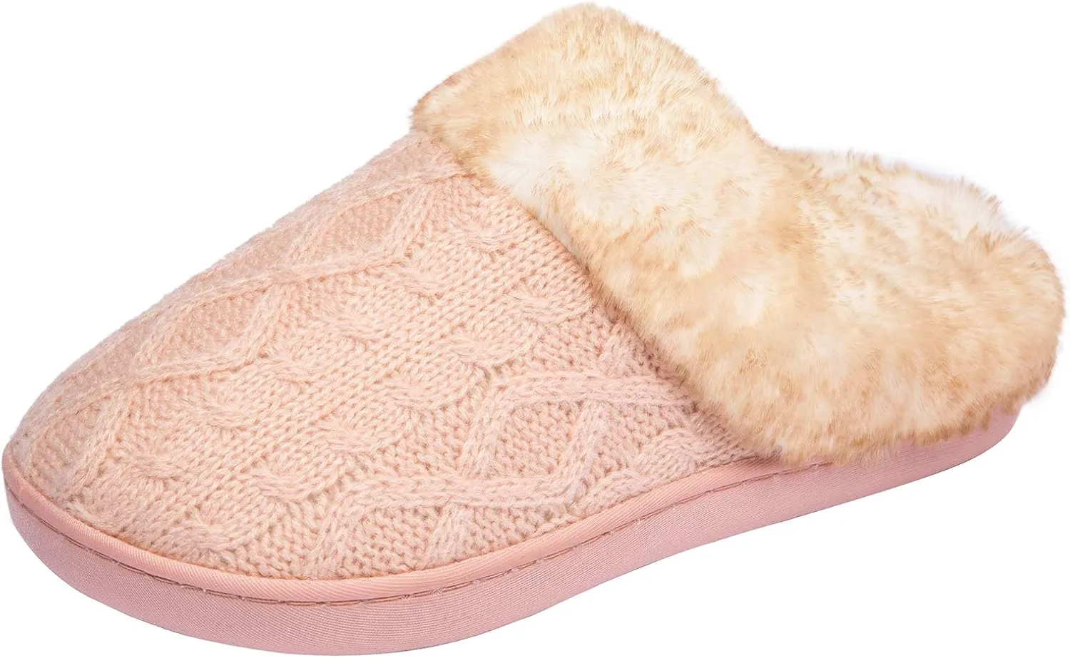 WOTTE Women's Cable Knit Slippers Faux Fur Lining Furry Collar Memory Foam Clog Shoes