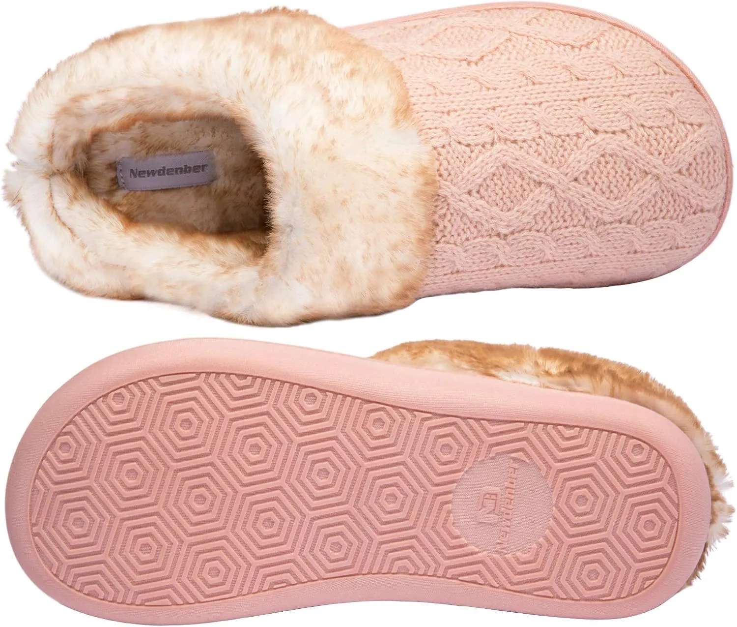 WOTTE Women's Cable Knit Slippers Faux Fur Lining Furry Collar Memory Foam Clog Shoes