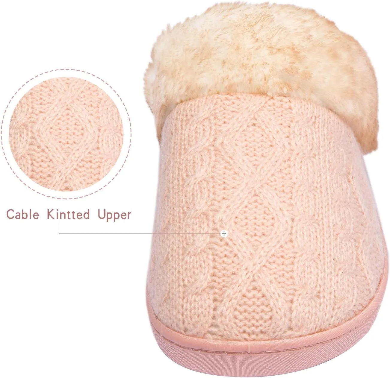 WOTTE Women's Cable Knit Slippers Faux Fur Lining Furry Collar Memory Foam Clog Shoes