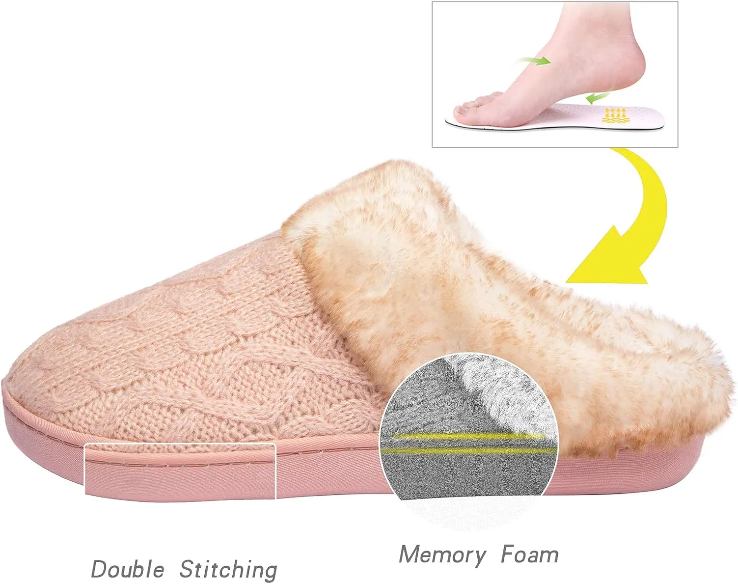 WOTTE Women's Cable Knit Slippers Faux Fur Lining Furry Collar Memory Foam Clog Shoes