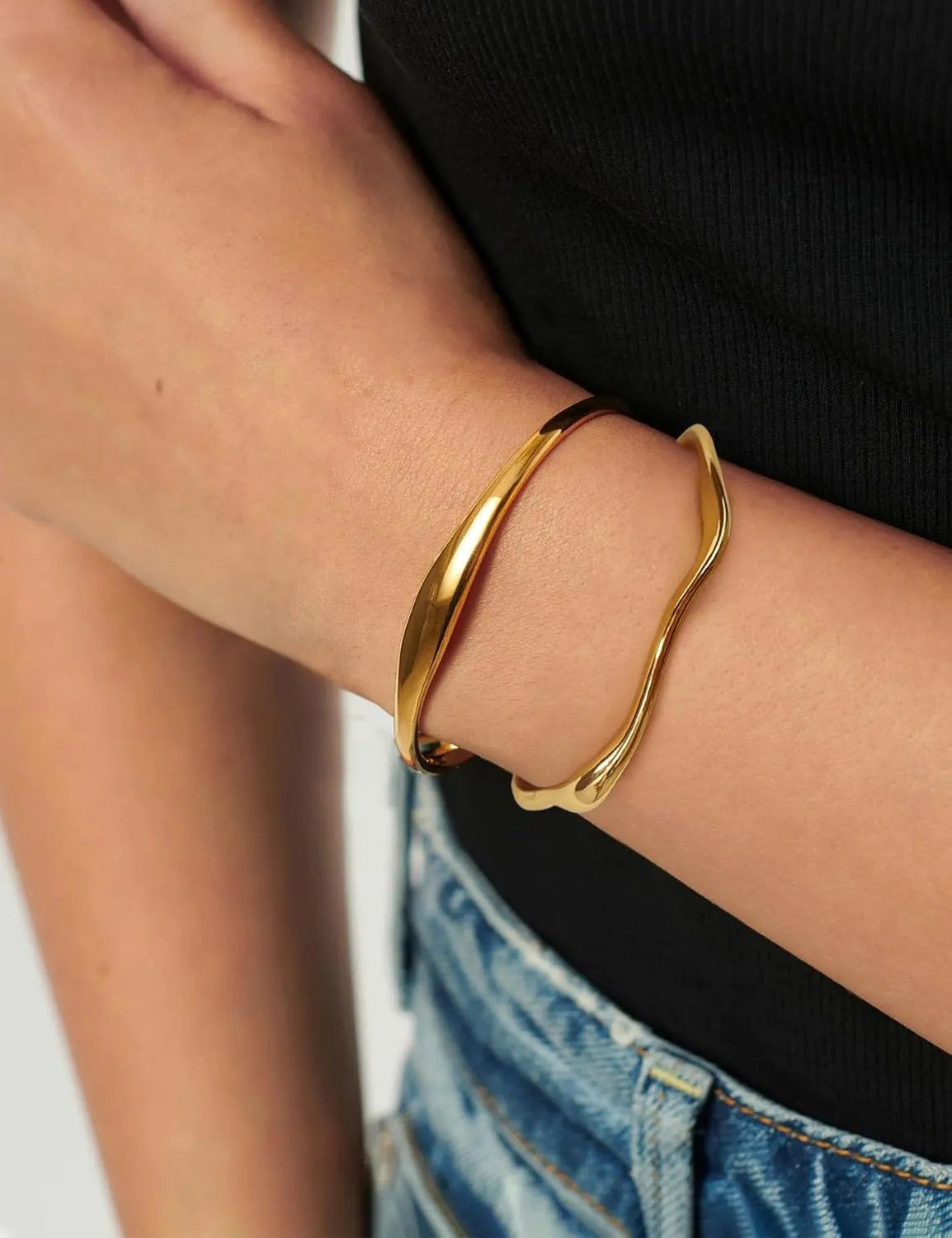 WOWORAMA Teardrop Gold Cuff Bracelets for Women Adjustable 18K Gold Plated Chunky Open Cuff Bangle Bracelets Minimalist Thick Gold Wrist Cuff Bracelets