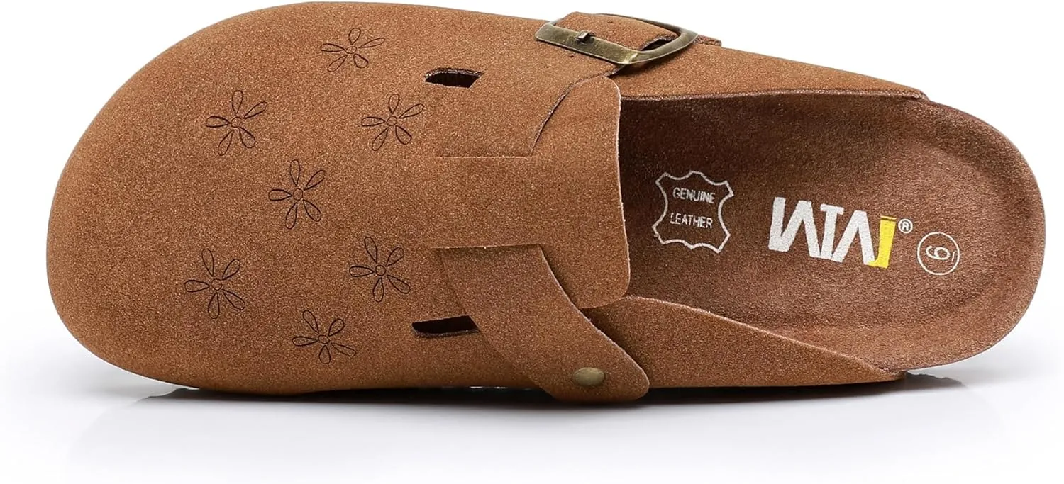 WTW Womens Clogs Cow Suede Soft Footbed Mules Unisex for Men Women Cork Clog Antislip Sole Slippers Mules Sandals with Adjustable Buckle