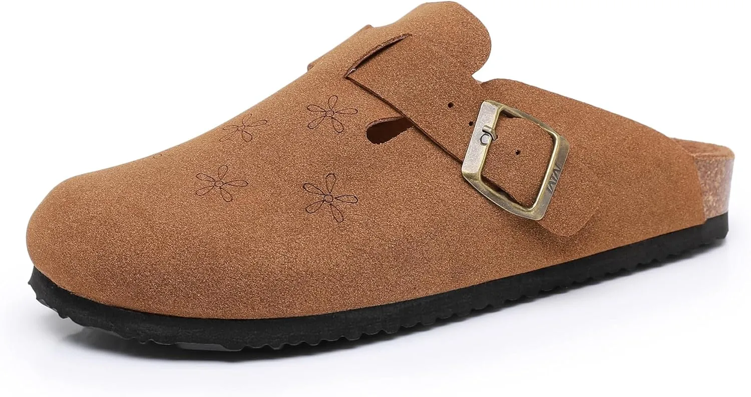 WTW Womens Clogs Cow Suede Soft Footbed Mules Unisex for Men Women Cork Clog Antislip Sole Slippers Mules Sandals with Adjustable Buckle