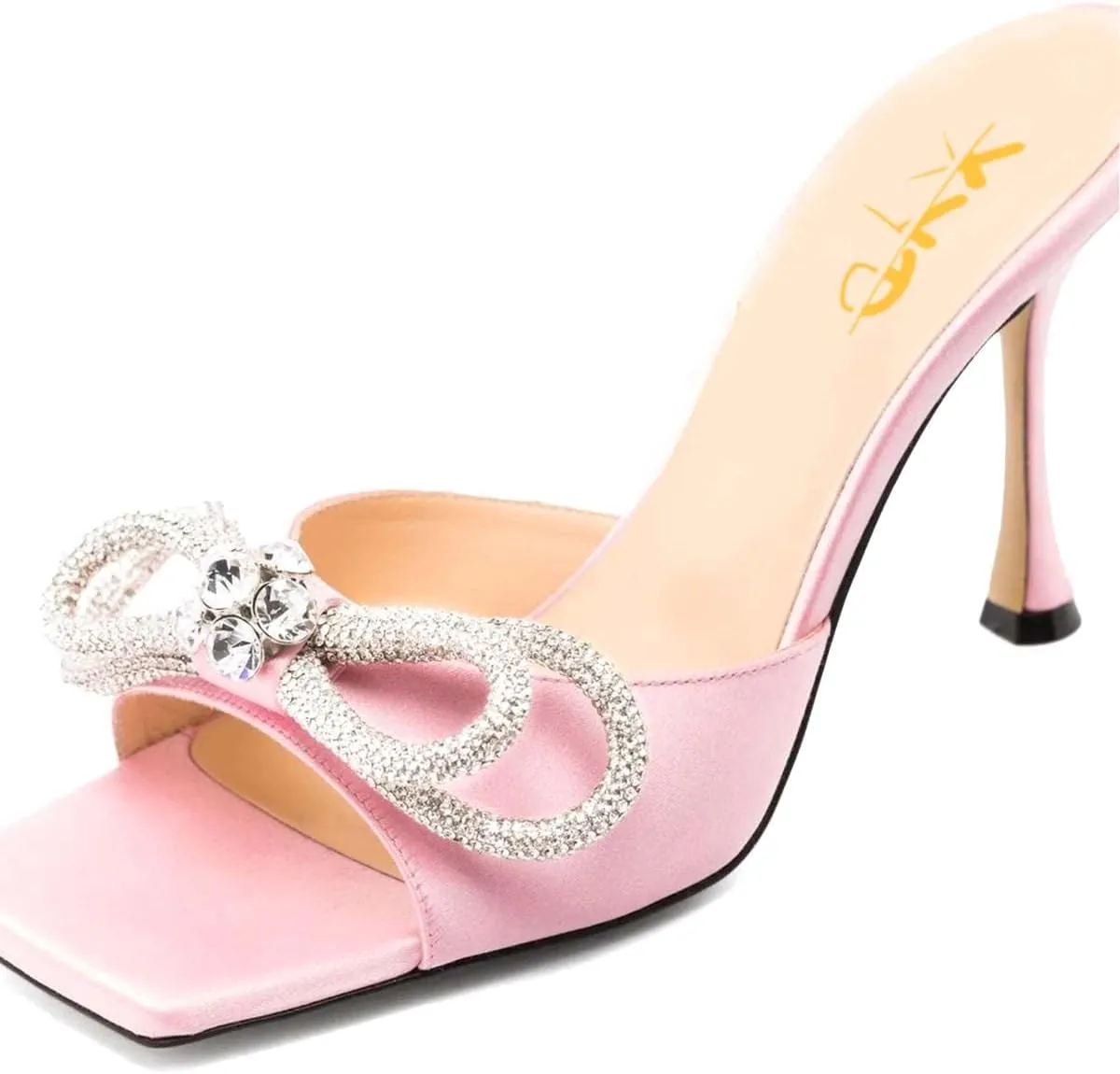 XYD Women Fashion Rhinestones Bows Open Square Toe Slide Sandals High Spool Heel Mules Slip On Party Dress Daily Walking Shoes