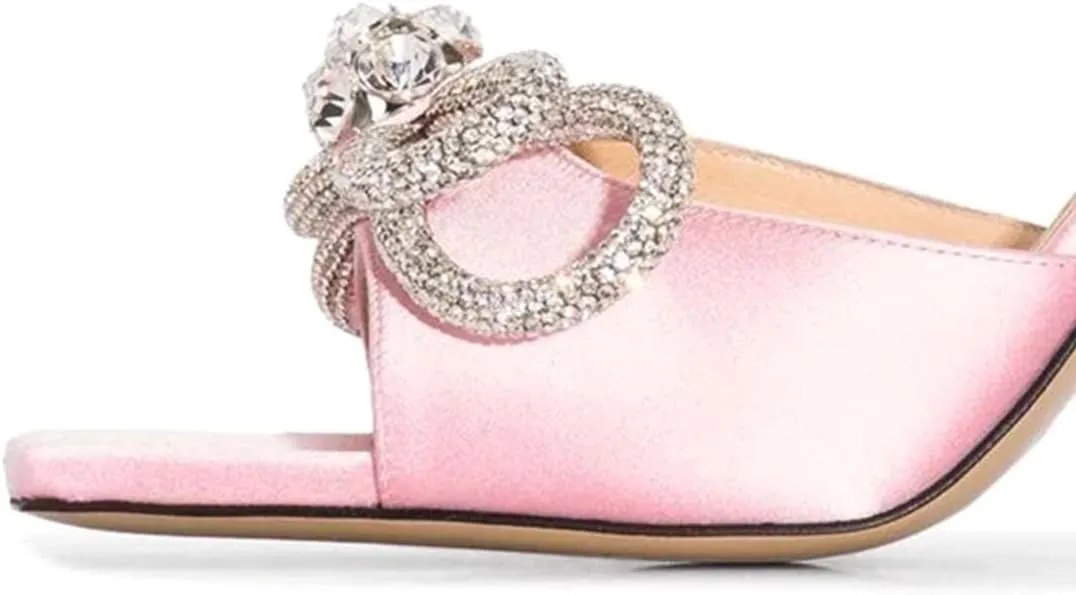 XYD Women Fashion Rhinestones Bows Open Square Toe Slide Sandals High Spool Heel Mules Slip On Party Dress Daily Walking Shoes