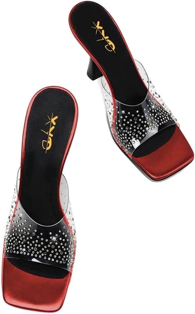 XYD Women PVC Rhinestones Slide Sandals Studded Open Square Toe High Heel Backless Mules Dress Party Fashion Shoes