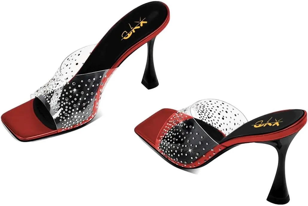 XYD Women PVC Rhinestones Slide Sandals Studded Open Square Toe High Heel Backless Mules Dress Party Fashion Shoes