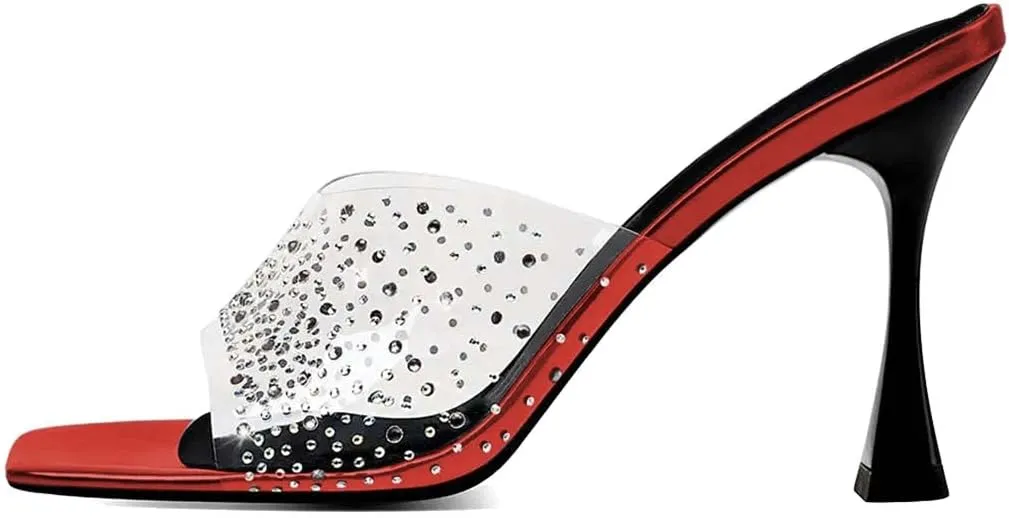 XYD Women PVC Rhinestones Slide Sandals Studded Open Square Toe High Heel Backless Mules Dress Party Fashion Shoes