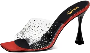 XYD Women PVC Rhinestones Slide Sandals Studded Open Square Toe High Heel Backless Mules Dress Party Fashion Shoes