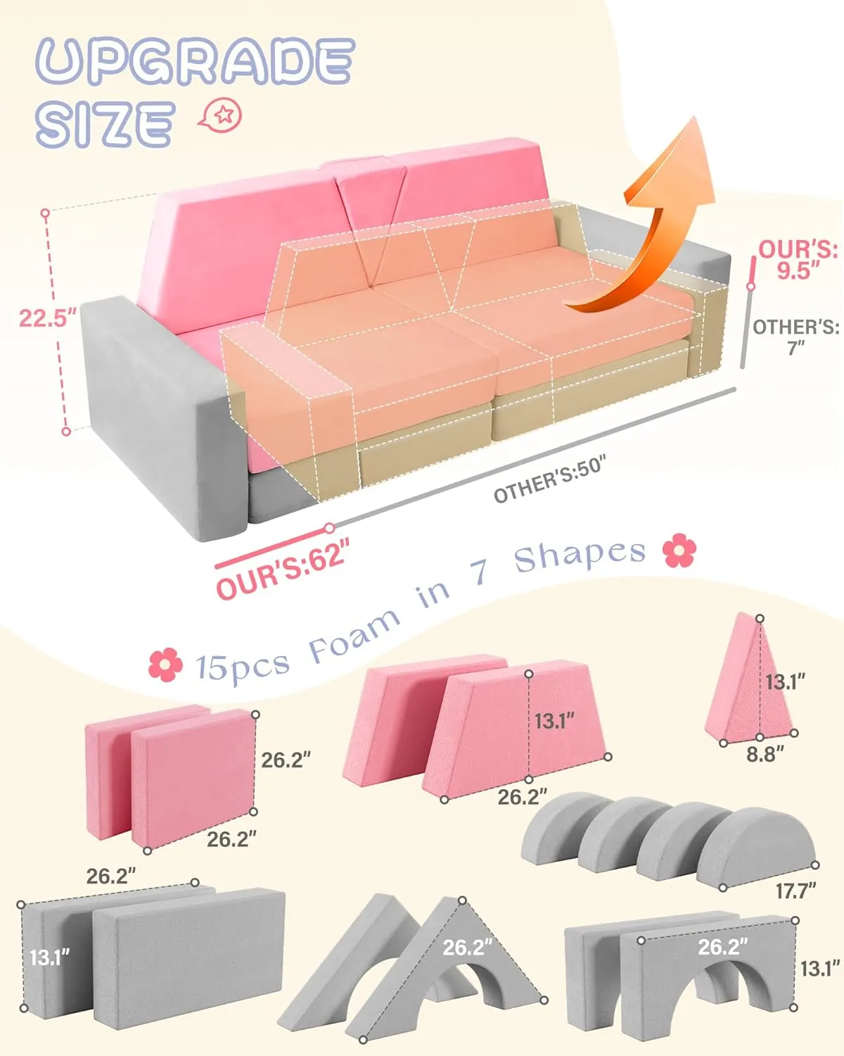 YEFU 15pcs Modular Kids Play Couch, Kids Couch for Toddler & Children, Toddler couches, Kid Couches Fort Building kit for Playroom Furniture, Kid Play Couches, Convertible Sofa for Boys & Girls, Grey