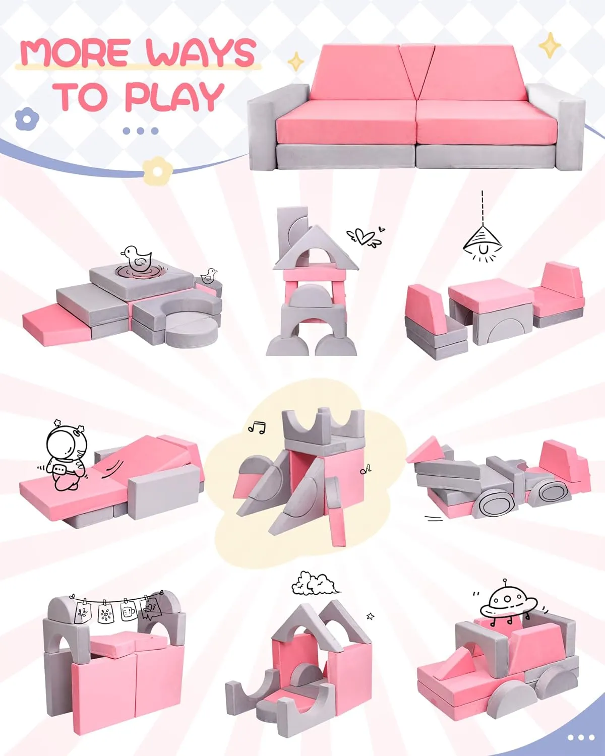 YEFU 15pcs Modular Kids Play Couch, Kids Couch for Toddler & Children, Toddler couches, Kid Couches Fort Building kit for Playroom Furniture, Kid Play Couches, Convertible Sofa for Boys & Girls, Grey
