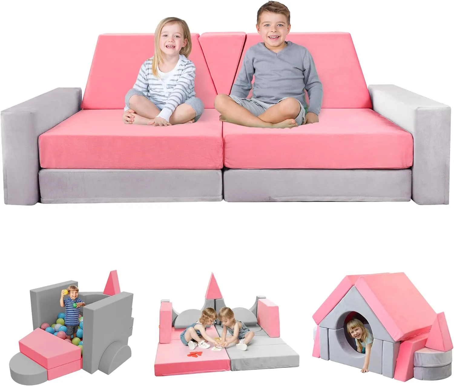 YEFU 15pcs Modular Kids Play Couch, Kids Couch for Toddler & Children, Toddler couches, Kid Couches Fort Building kit for Playroom Furniture, Kid Play Couches, Convertible Sofa for Boys & Girls, Grey