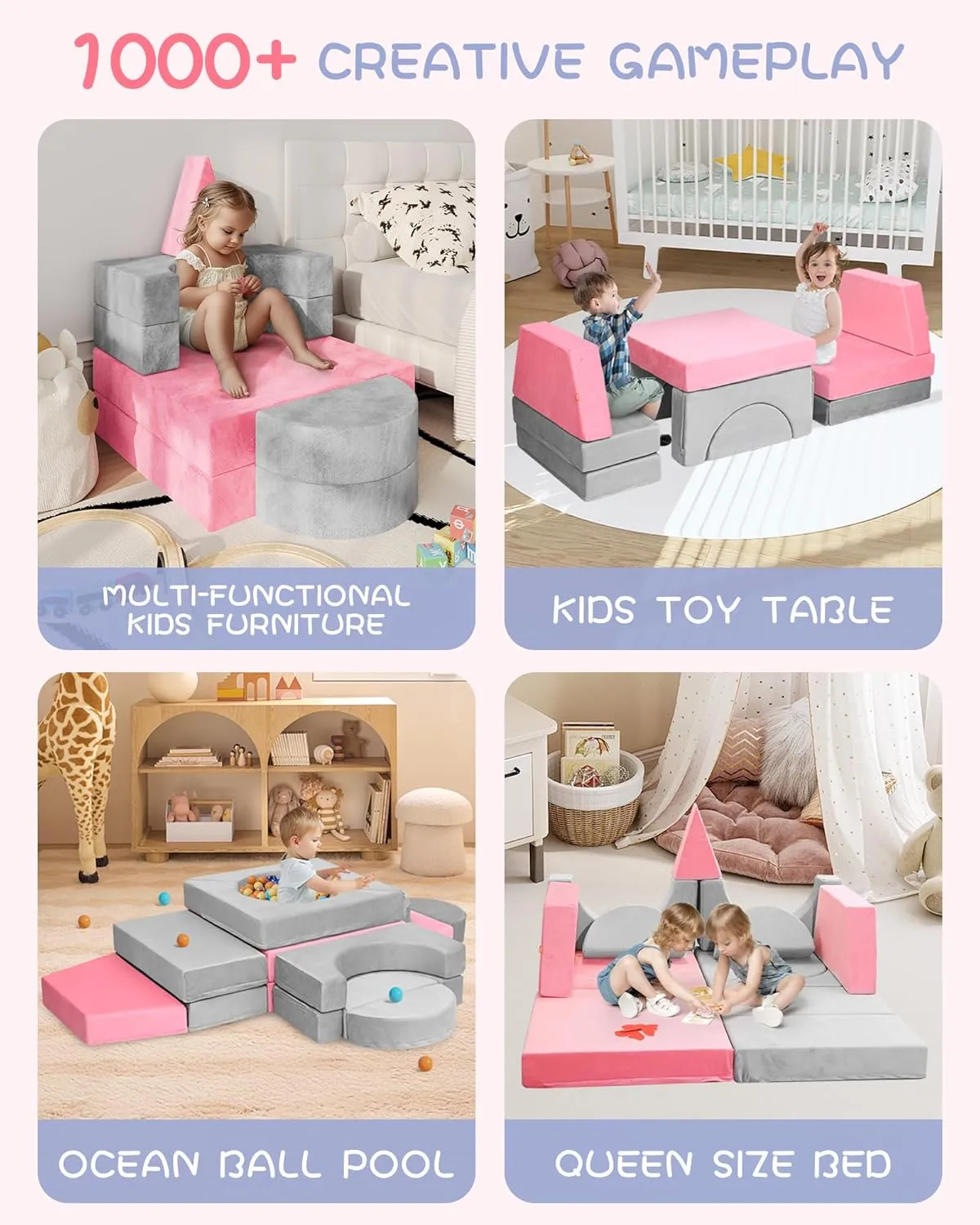 YEFU 15pcs Modular Kids Play Couch, Kids Couch for Toddler & Children, Toddler couches, Kid Couches Fort Building kit for Playroom Furniture, Kid Play Couches, Convertible Sofa for Boys & Girls, Grey