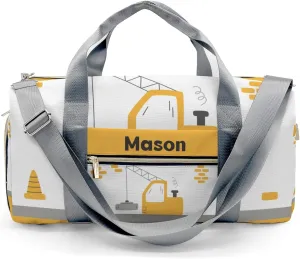 Yellow Construction Truck 1 Personalized Duffel Bag,Custom Travel Gym Bag with Name,Waterproof Sports Overnight Bag with Shoe Compartment & Shoulder Strap