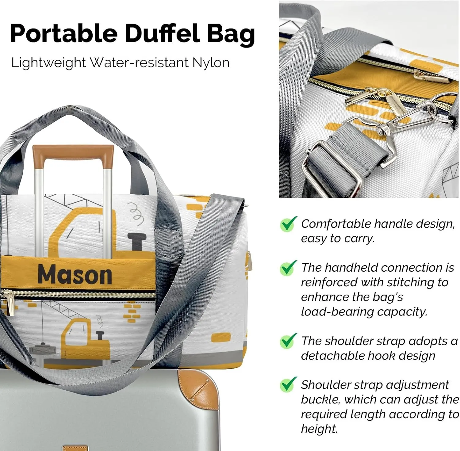 Yellow Construction Truck 1 Personalized Duffel Bag,Custom Travel Gym Bag with Name,Waterproof Sports Overnight Bag with Shoe Compartment & Shoulder Strap