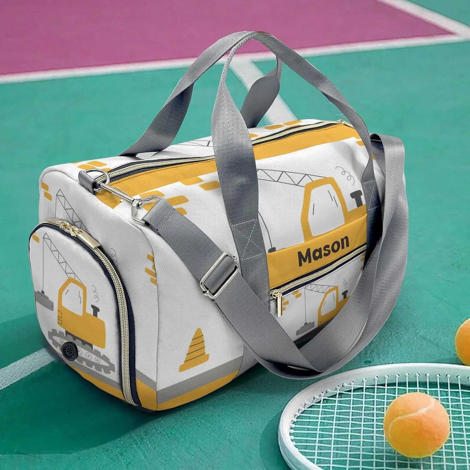 Yellow Construction Truck 1 Personalized Duffel Bag,Custom Travel Gym Bag with Name,Waterproof Sports Overnight Bag with Shoe Compartment & Shoulder Strap