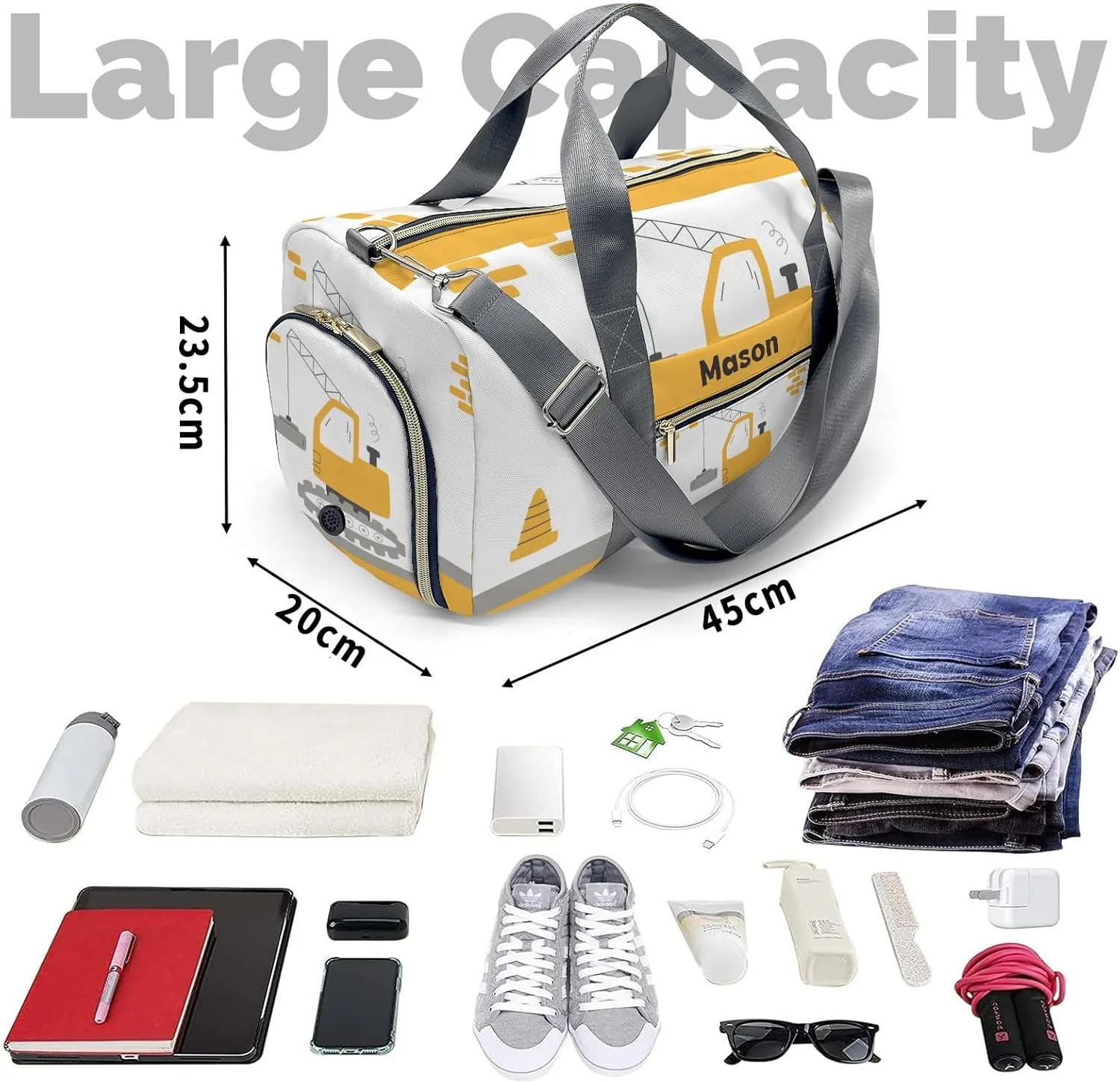 Yellow Construction Truck 1 Personalized Duffel Bag,Custom Travel Gym Bag with Name,Waterproof Sports Overnight Bag with Shoe Compartment & Shoulder Strap