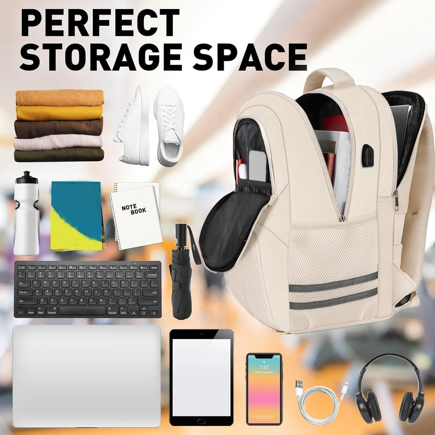 Ytonet Gym Backpack For Women Men, Travel Backpack With Shoe Compartment USB Charging Port, Sport Water Resistant Carry on Bag Fit 15.6 Inch Laptop, Camping, Workout, Hiking, College, Beige