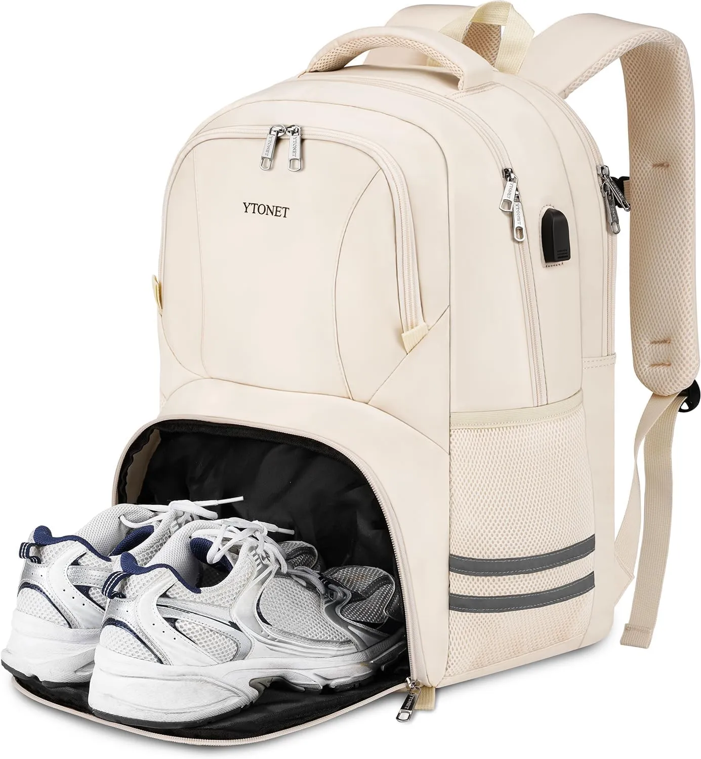 Ytonet Gym Backpack For Women Men, Travel Backpack With Shoe Compartment USB Charging Port, Sport Water Resistant Carry on Bag Fit 15.6 Inch Laptop, Camping, Workout, Hiking, College, Beige