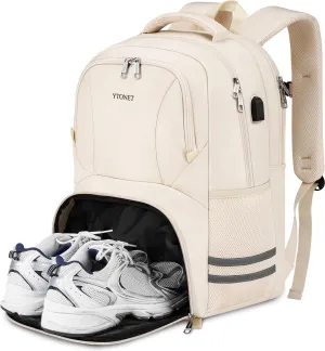 Ytonet Gym Backpack For Women Men, Travel Backpack With Shoe Compartment USB Charging Port, Sport Water Resistant Carry on Bag Fit 15.6 Inch Laptop, Camping, Workout, Hiking, College, Beige