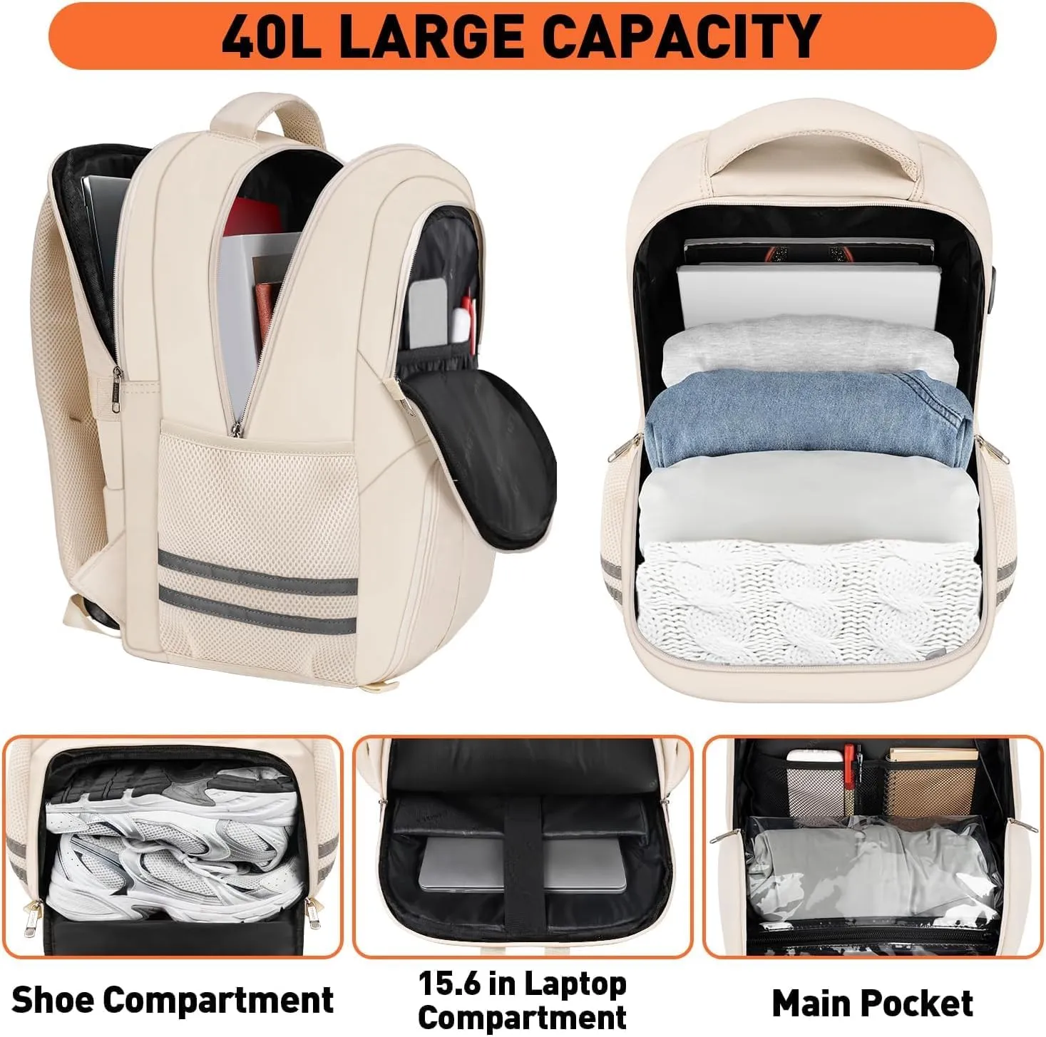 Ytonet Gym Backpack For Women Men, Travel Backpack With Shoe Compartment USB Charging Port, Sport Water Resistant Carry on Bag Fit 15.6 Inch Laptop, Camping, Workout, Hiking, College, Beige