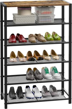 Yusong Shoe Rack Organizer, 6 Tier Industrial Shoe Storage Shelf, Narrow Sturdy Metal Shoe Shelves for Closet Entryway, Rustic Brown