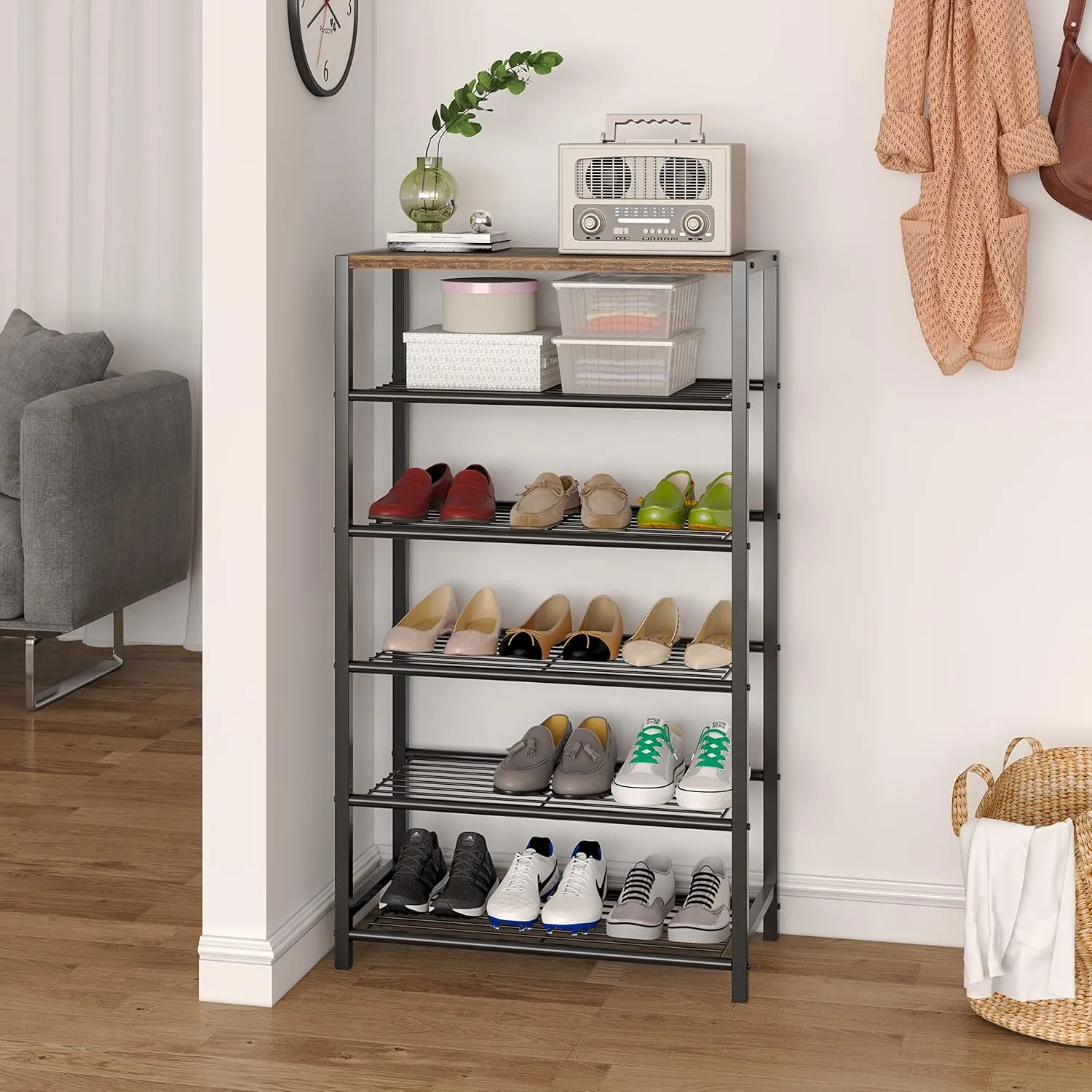 Yusong Shoe Rack Organizer, 6 Tier Industrial Shoe Storage Shelf, Narrow Sturdy Metal Shoe Shelves for Closet Entryway, Rustic Brown