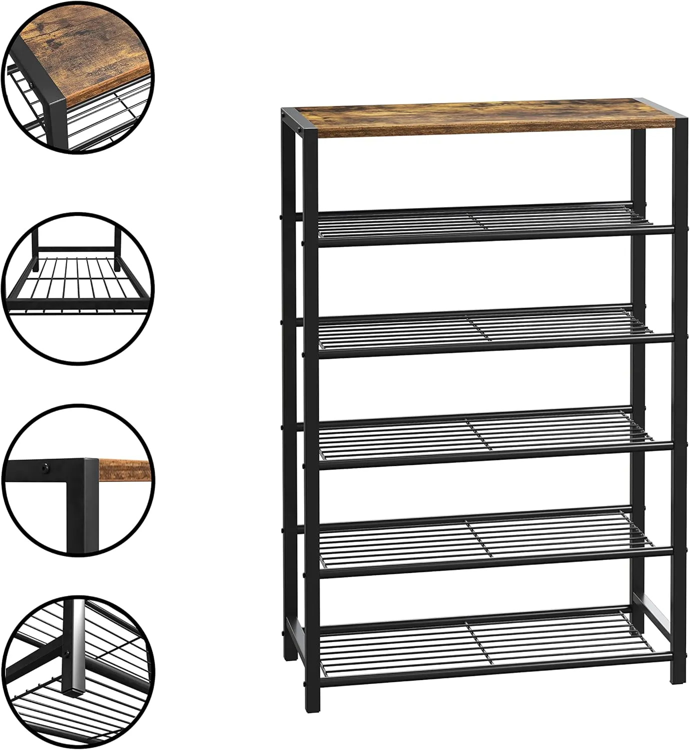Yusong Shoe Rack Organizer, 6 Tier Industrial Shoe Storage Shelf, Narrow Sturdy Metal Shoe Shelves for Closet Entryway, Rustic Brown