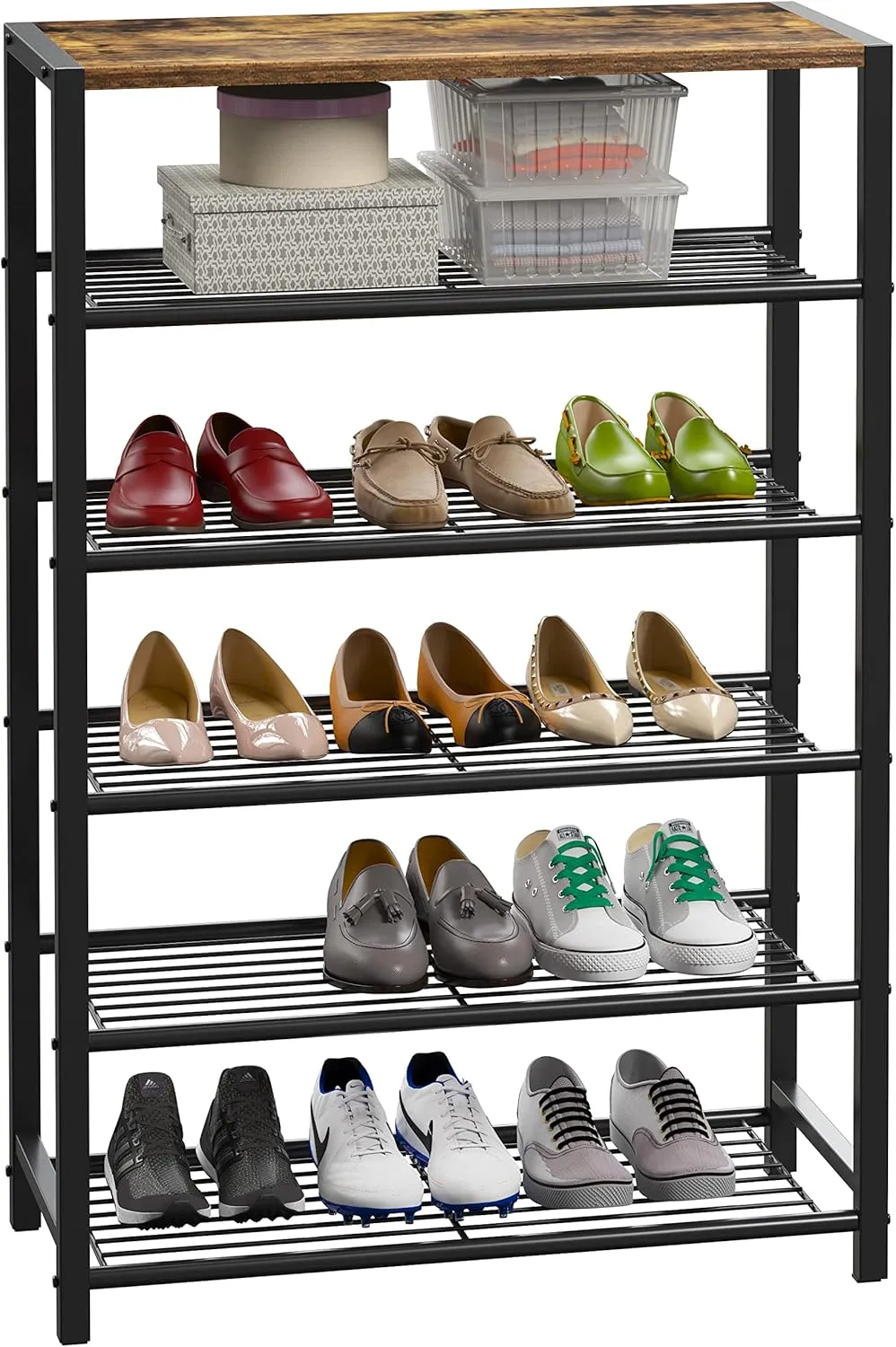 Yusong Shoe Rack Organizer, 6 Tier Industrial Shoe Storage Shelf, Narrow Sturdy Metal Shoe Shelves for Closet Entryway, Rustic Brown