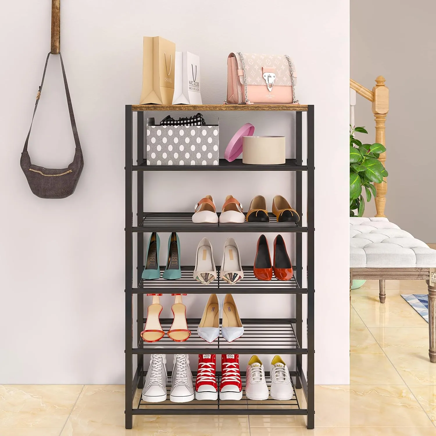 Yusong Shoe Rack Organizer, 6 Tier Industrial Shoe Storage Shelf, Narrow Sturdy Metal Shoe Shelves for Closet Entryway, Rustic Brown