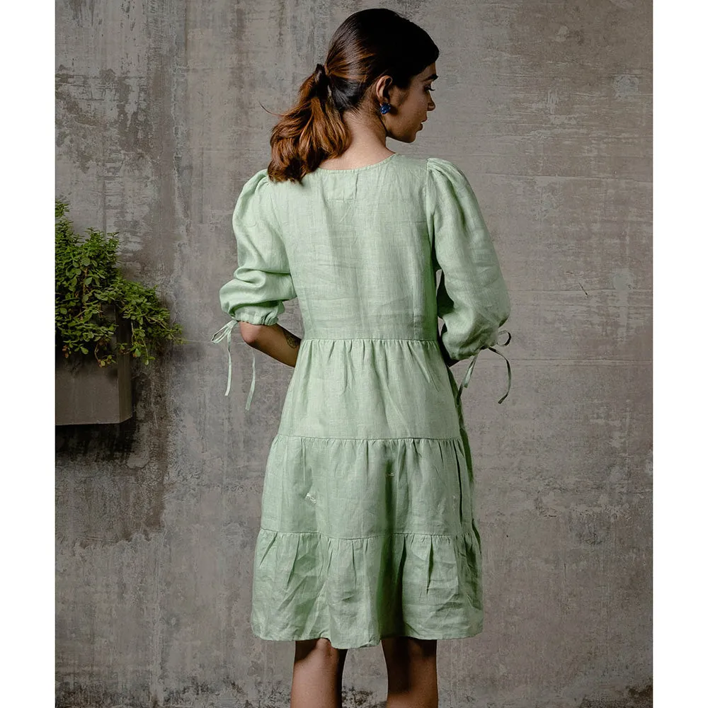 Zebein Madonna Linen Dress with Pocket Pista Green
