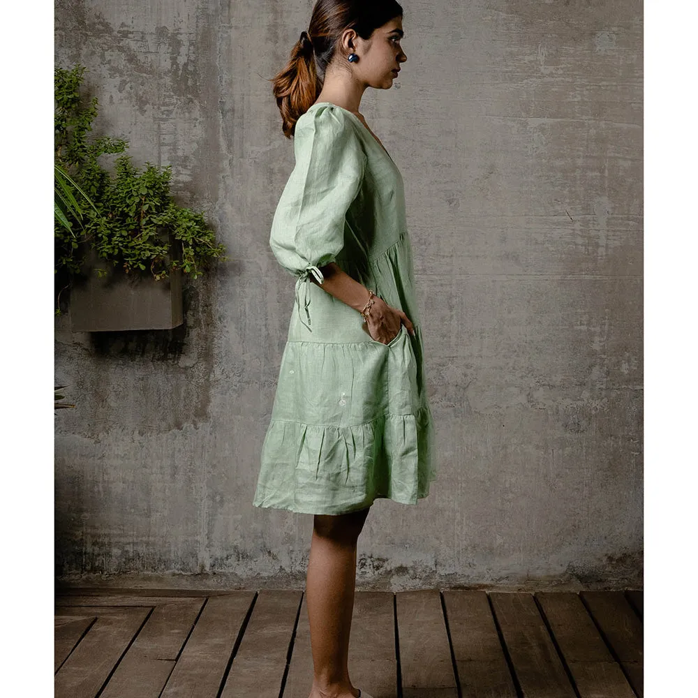 Zebein Madonna Linen Dress with Pocket Pista Green