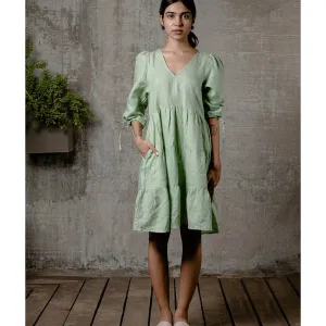 Zebein Madonna Linen Dress with Pocket Pista Green