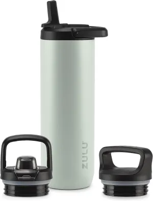 ZULU Base 24oz Stainless Steel Water Bottle with 3 Lids- Straw, Chug, Twist | Double Walled and Vacuum Insulated Metal Thermos | Fits Car Cupholder, Built in Carry Loop, Dishwasher Safe, Sage