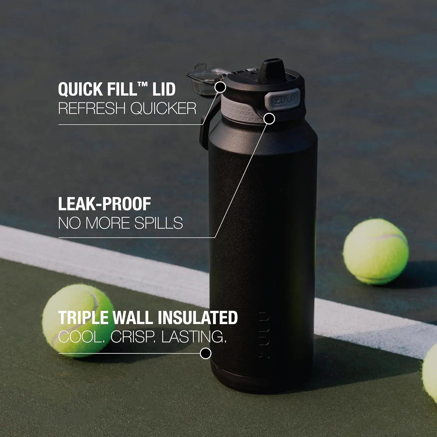 ZULU Powerfill Pro 40oz Stainless Steel Water Bottle with Quick Fill Lid, Triple Walled Vacuum Insulated Metal, Leak Proof Locking Lid, Sip and Chug, Reusable BPA Free, Black